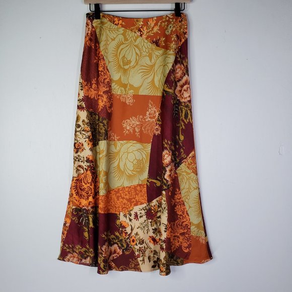 Urban Outfitters Satin Midi Skirt Side Slit L Rust Orange Floral Patchwork - Picture 6 of 8